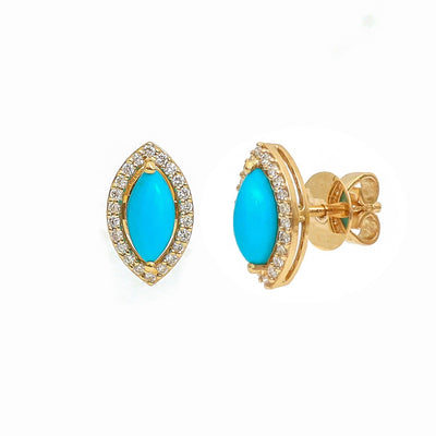 Marquise Turquoise Halo 14K Natural Diamond Yellow Gold Stud Earrings
