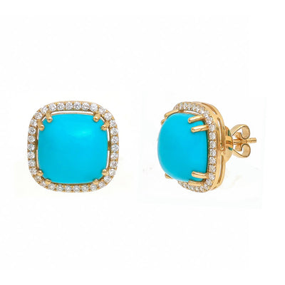 Turquoise Opulence Halo 14K (18k Custom) Natural Diamond Yellow Gold Stud Earrings