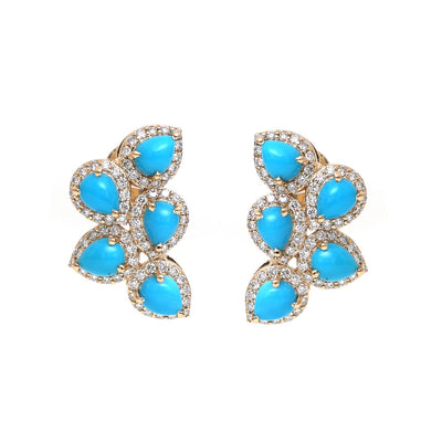 Turquoise Leaf Cluster 18K Natural Diamond Yellow Gold Statement Earrings