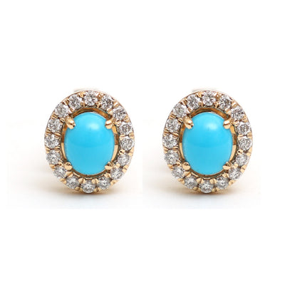 Oval Turquoise Radiance Halo 18K Natural Diamond Yellow Gold Stud Earrings