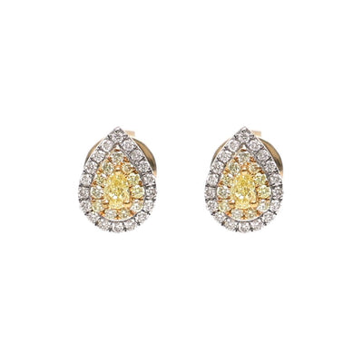 Pear Yellow Diamond Halo 18K Natural Diamond Two-Tone Gold Stud Earrings