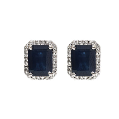 Blue Sapphire & Natural Diamond Halo Stud Earrings in 18K White Gold