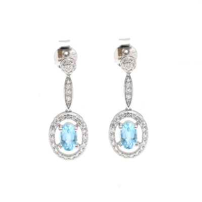 Pear Aquamarine 18K Natural Diamond White Gold Halo Drop Earrings