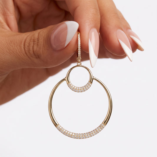 Double Halo Diamond Open Circle Drop Earrings in 14K Yellow Gold