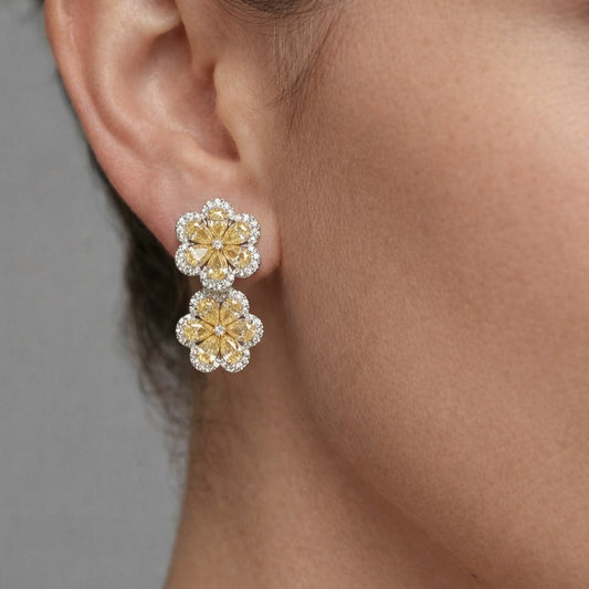 Double Bloom Flower Drop Earrings in 18K White Gold