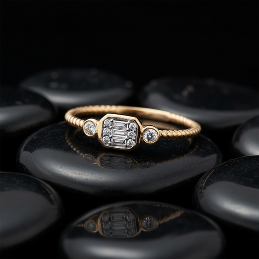 Textured Band Baguette Diamond Cluster Ring in 14K Yellow Gold
