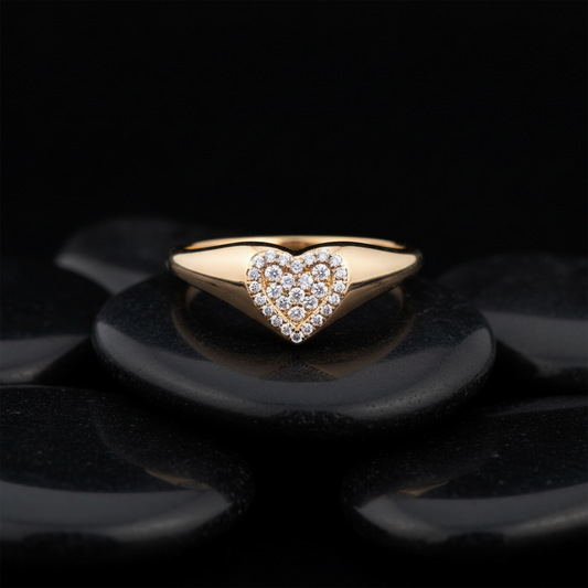 Heart Signet Diamonds Ring in 14K Yellow Gold
