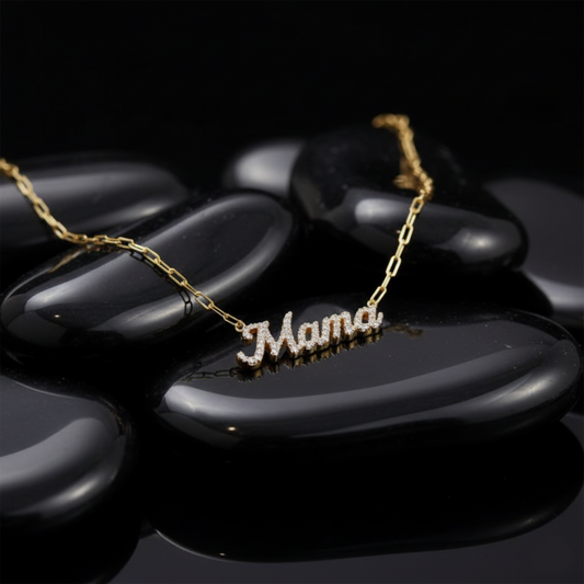 Mama Script Pave Diamond Pendant Necklace in 14K Yellow Gold