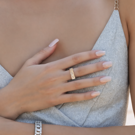 Double Row Baguette Round Cut Diamond Ring in 14K Gold