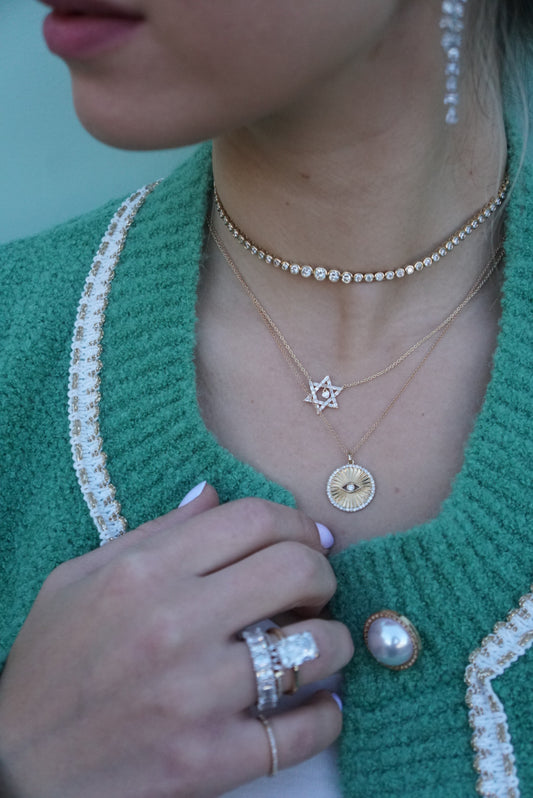 Lucky Eye Star Burst Diamond Necklace in 14K Yellow Gold