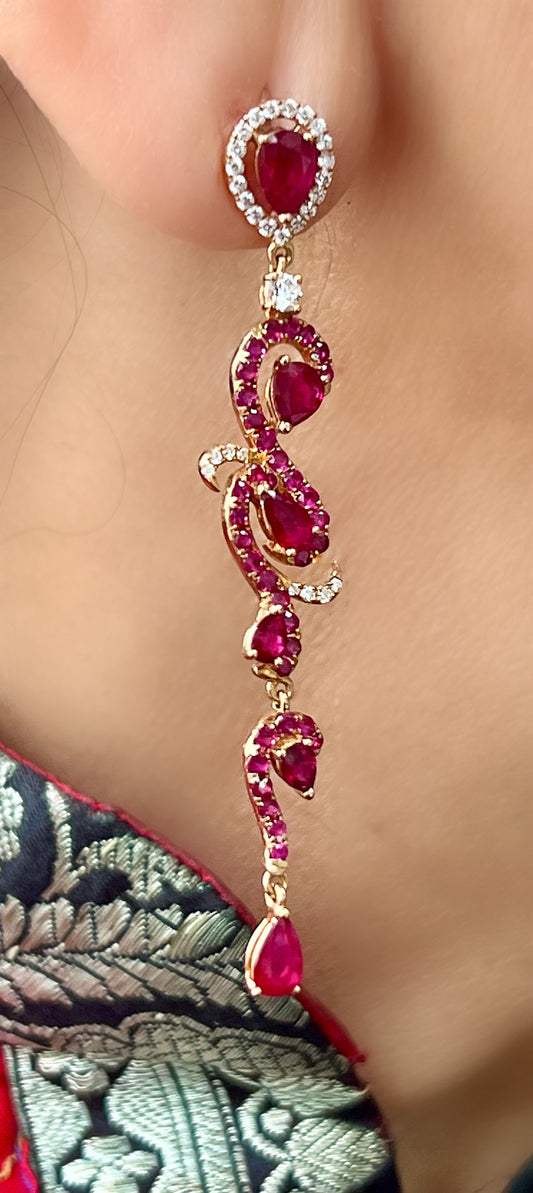 Ruby Drop Dangle Intricate Earrings in 18K Rose Gold
