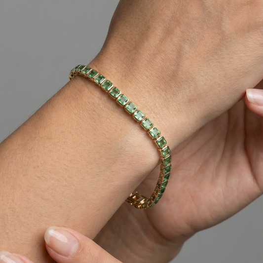 Emerald Cut 14K Yellow Gold Green Gemstone Tennis Bracelet