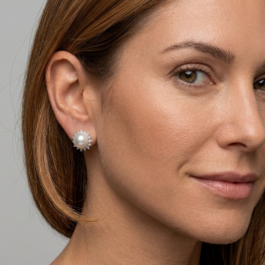 Pearl Halo 14K White Gold Statement Diamond Earrings