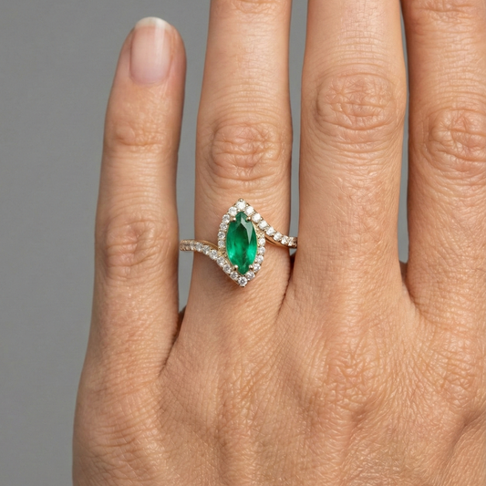Marquise-Cut Emerald 14K Yellow Gold Diamond Halo Ring