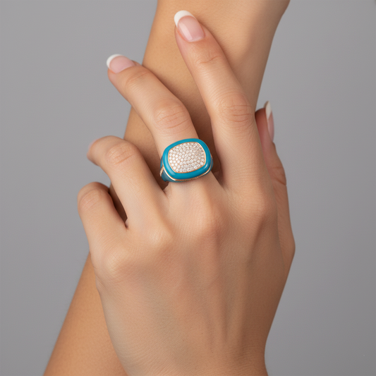 Turquoise Diamond Enamel Signet Ring in 14K Yellow Gold