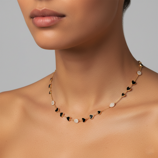 Diamond Black Enamel Station Necklace in 14K Yellow Gold