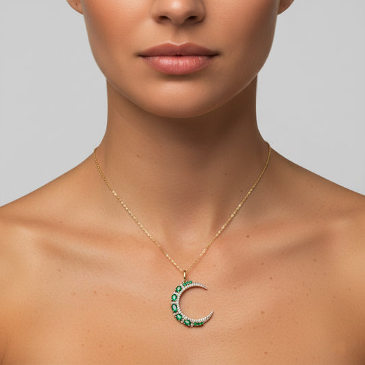 Sapphire Half Moon Diamond Pendant Necklace in 14K Yellow Gold