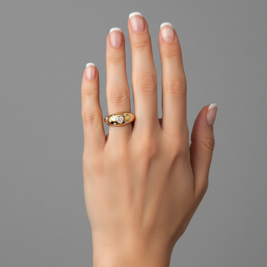 Heart Diamond Detailing Domed Ring in 14K Yellow Gold