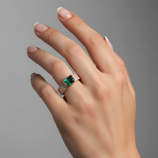 Green Emerald Diamond Dome Ring in 14K Yellow Gold