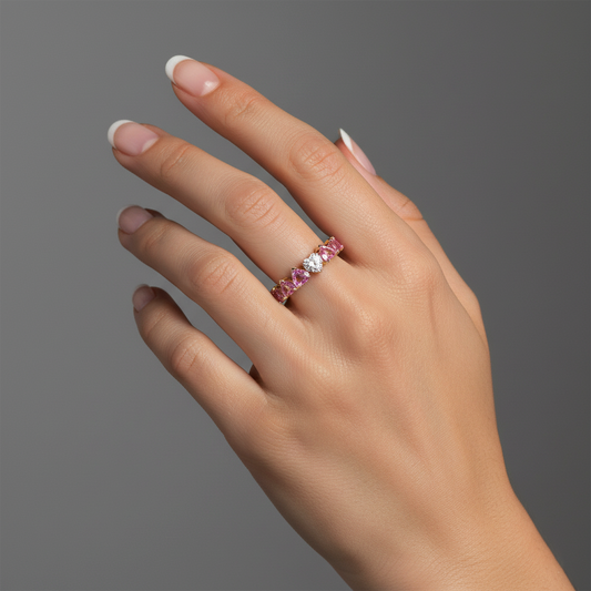 Pure Pink Sapphire Diamond Eternity Ring in 14K Yellow Gold