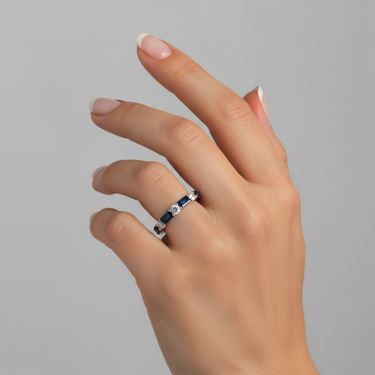 Radiance Veil Diamond Eternity Sapphire Ring in 14K Yellow Gold