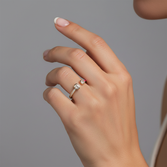Pink Enamel Open Diamond Ring in 14K Yellow Gold