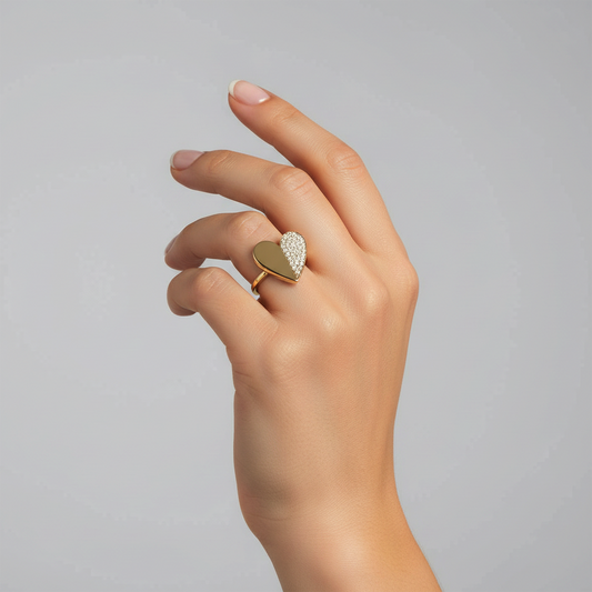 Half Pave Diamond Heart Ring in 14K Yellow Gold
