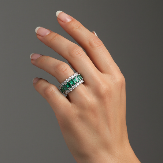 Emerald Diamond Triple Row Eternity Band Ring in 14K Yellow Gold