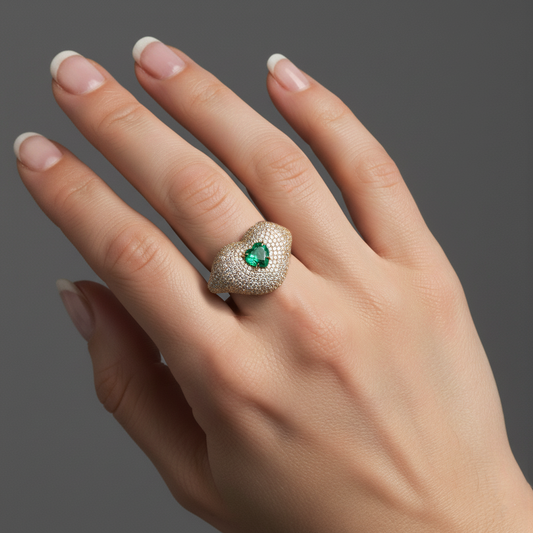 Lips Heart Emerald Diamond Statement Ring in 14K Yellow Gold