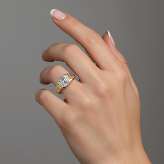 Halo Baguette Diamond Textured Ring in 14K Yellow Gold