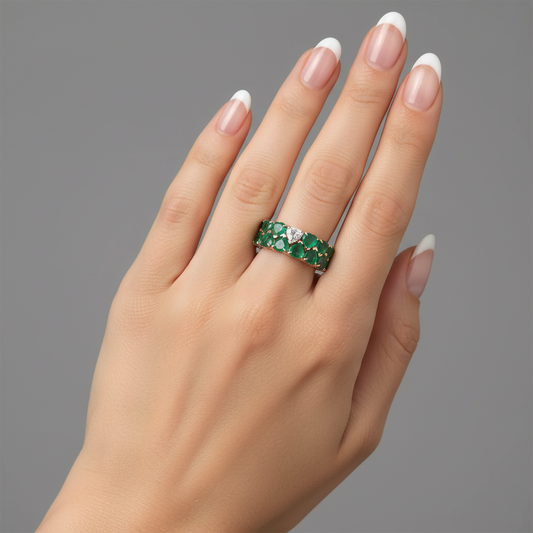 Heart Emerald Diamond Eternity Band Ring in 14K Yellow Gold