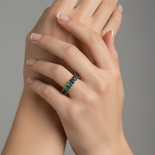 Emerald Blue Sapphire Diamond Eternity Ring in 14K Yellow Gold