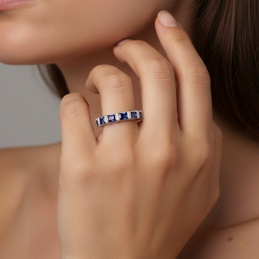 Eternity Band Blue Sapphire Diamond Ring in 14K White Gold