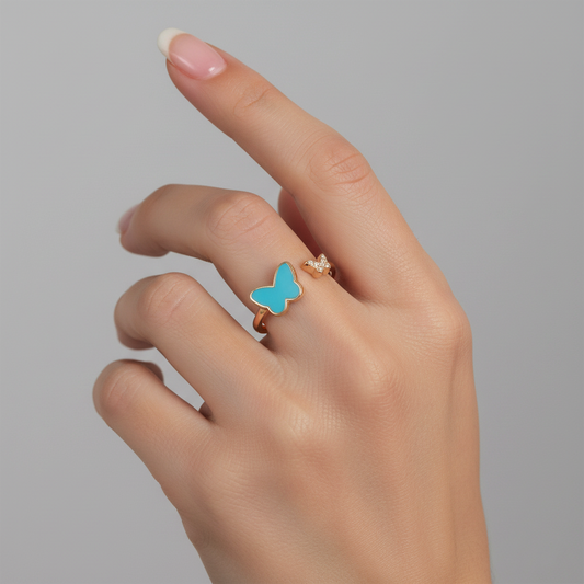 Butterfly Turquoise Enamel Open Ring in 14K Yellow Gold