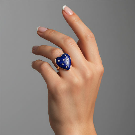 Heart Lapis Diamond Pendant Ring in 14K Yellow Gold