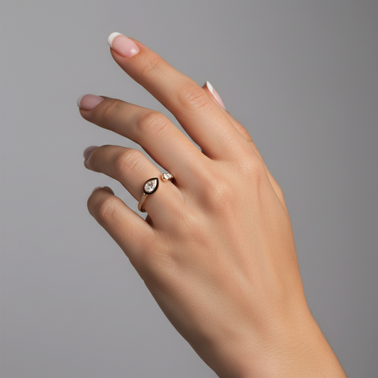 Teardrop Black Enamel White Diamond 14K Open Ring
