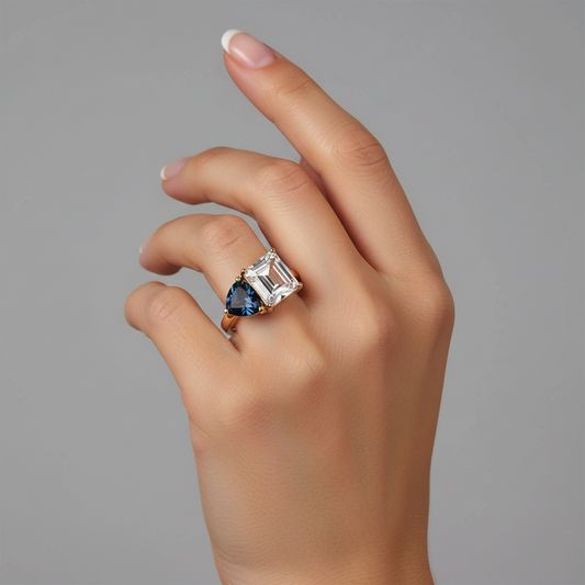 Duo White Topaz Blue Sapphire Ring in 14K Yellow Gold
