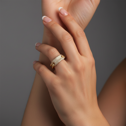 Pave Diamond Chain Link Statement Ring in 14K Yellow Gold