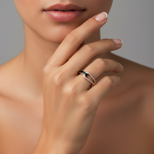 Diamond Ivory Enamel Open Wrap Ring in 14K Yellow Gold