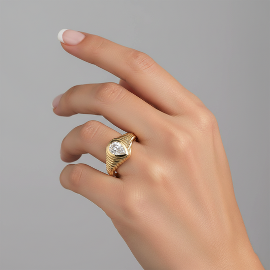Pear Shaped Diamond Ribbed Dome Ring in 14K Yellow Gold