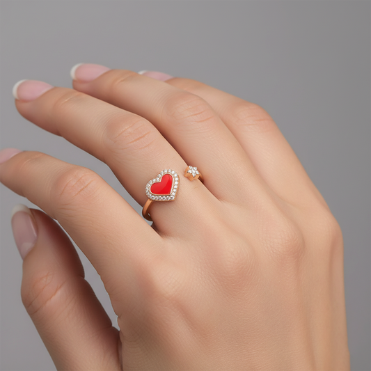 Diamond Studded Heart Open Wrap Ring in 14K Yellow Gold