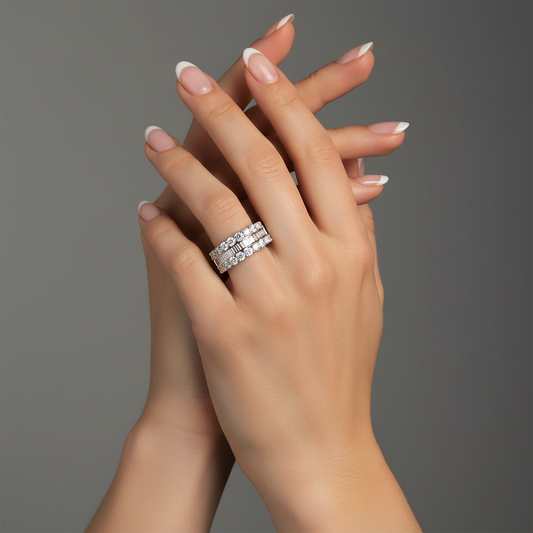 Double Row Round Baguette Diamond Statement Ring in 14K Gold