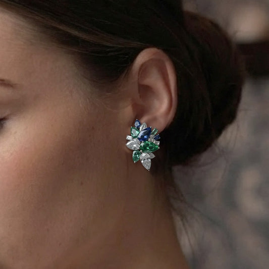 Multicolor Sapphire & Diamond 14K White Gold Floral Stud Earrings