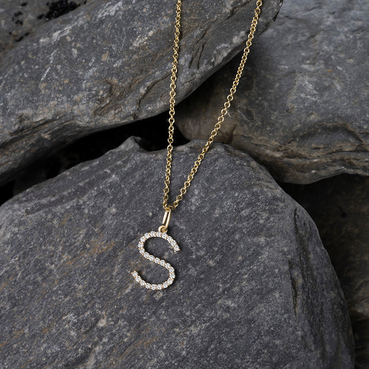 Diamond Letter S Pendant Necklace in 14K Yellow Gold