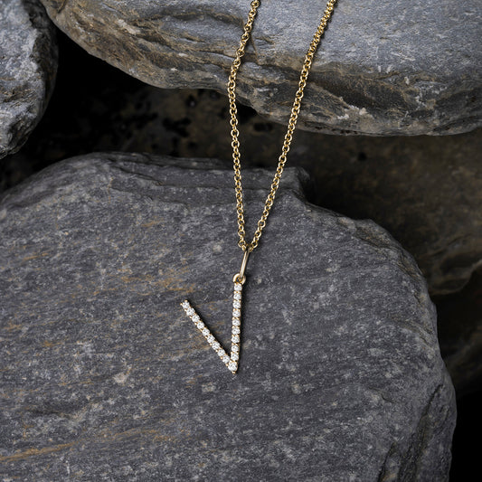 Diamond Letter V Pendant Necklace in 14K Yellow Gold