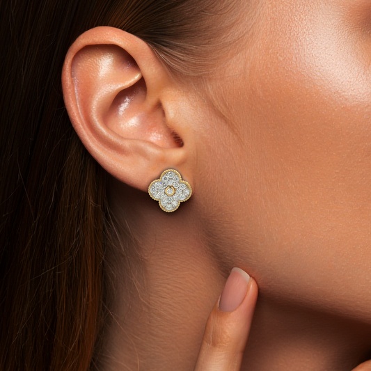 Radiant Pave Diamond Flower Stud Earrings in 14K Gold