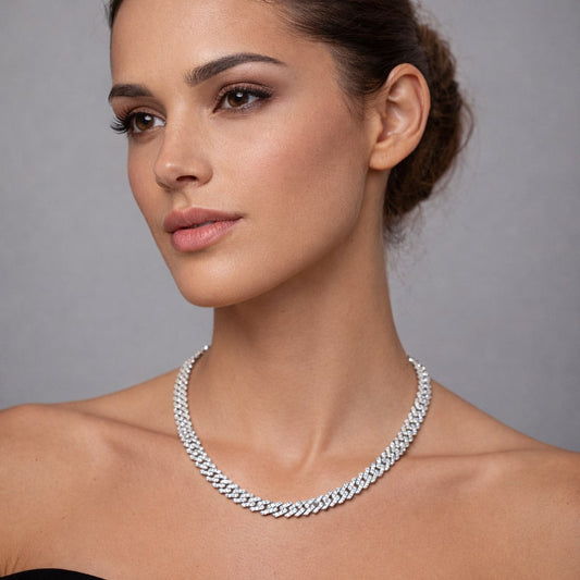 Round Diamond Cuban Link Necklace in 14K White Gold
