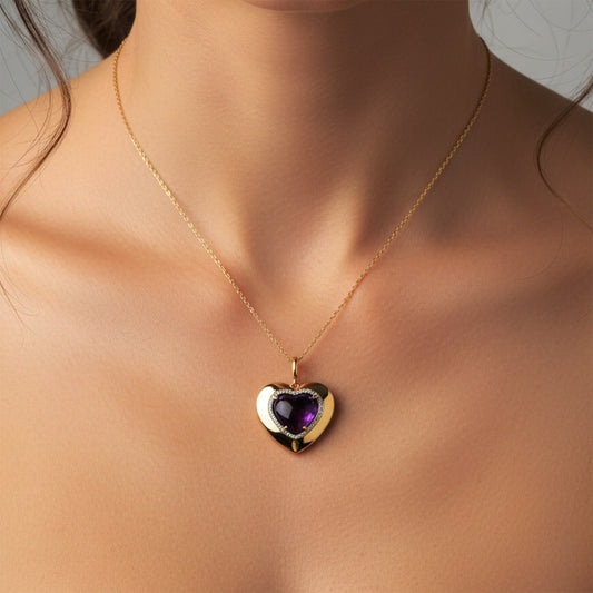 Amethyst Heart 14K (or 18k upon request) Yellow Gold Cabochon Pendant Necklace