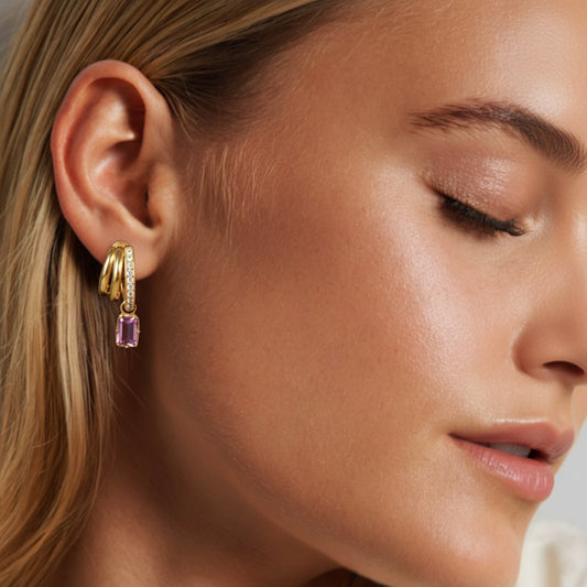 Emerald-Cut Pink Tourmaline Hoop Drop Earrings in 14K Yellow Gold