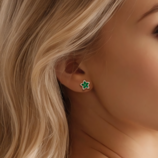 Emerald Ruby Gemstone Stud Earrings in 14K Yellow Gold
